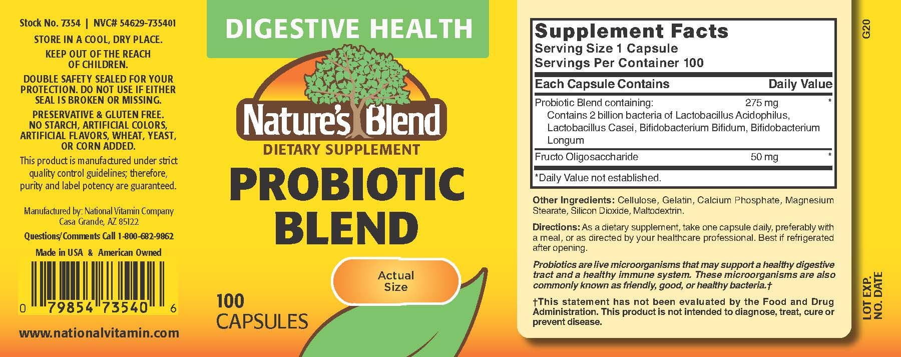 Nature's Blend probiotic capsules close-up, gluten-free formula for daily digestion