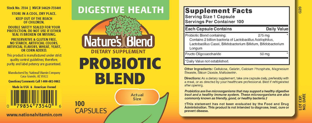 Nature's Blend probiotic capsules close-up, gluten-free formula for daily digestion