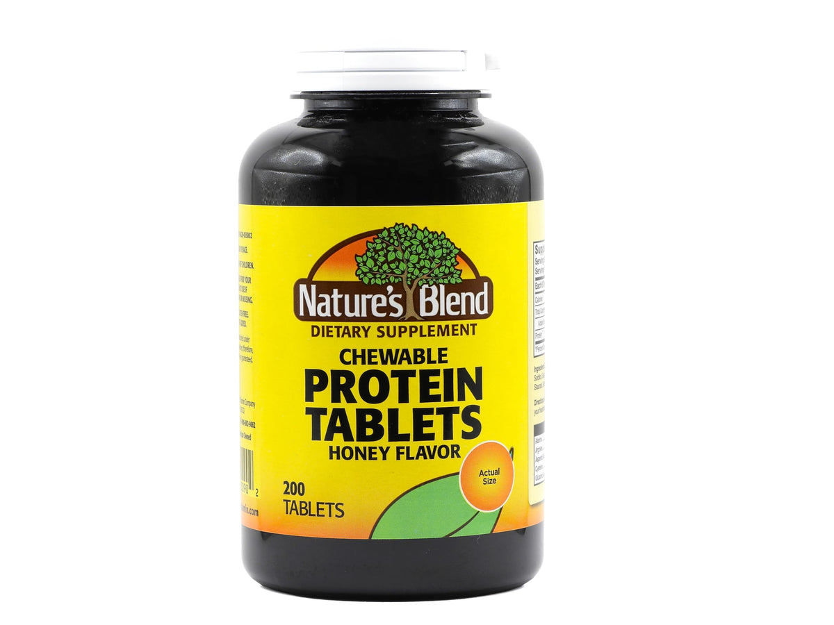 Nature's Blend Protein Tablets honey bottle shown for on-the-go protein.