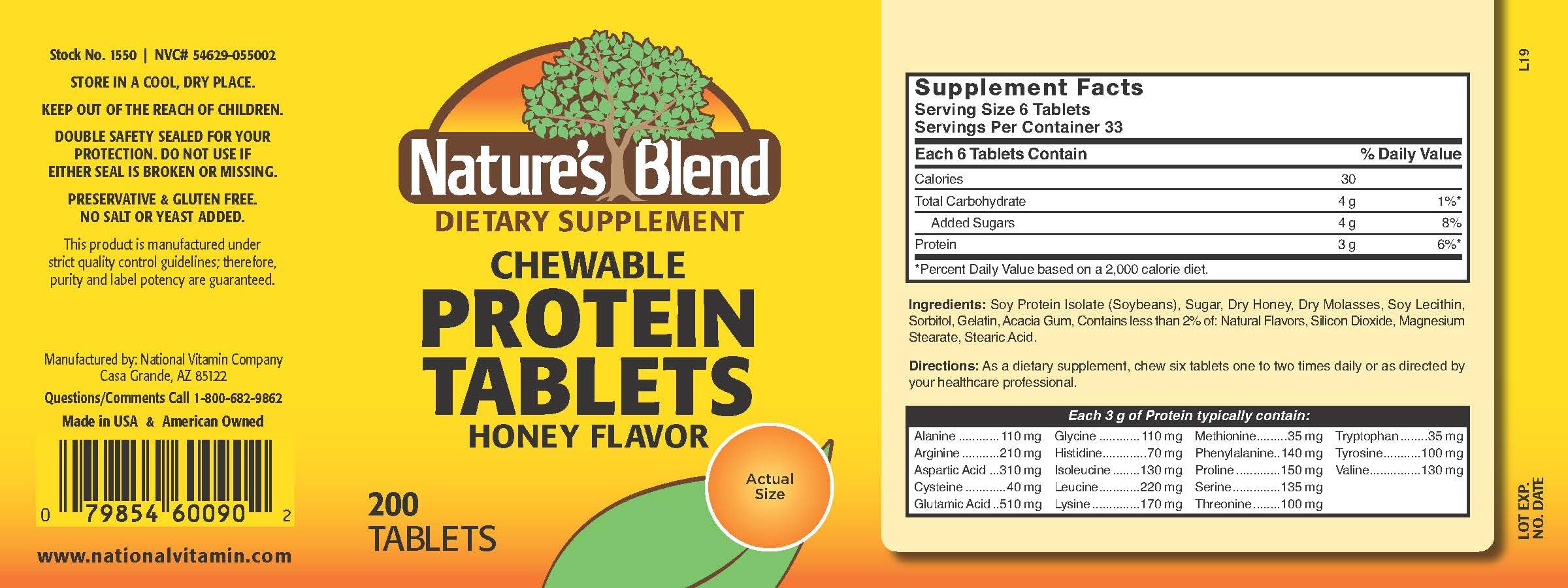 Nature's Blend honey-flavored chewable tablet close-up shows tasty texture and protein boost.