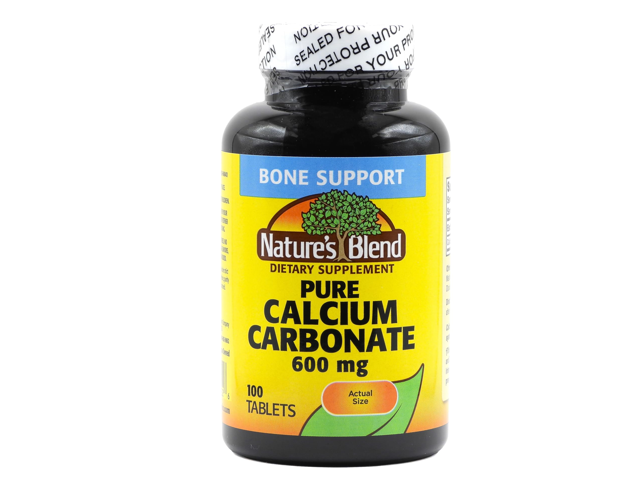 Nature's Blend calcium carbonate bottle showing 600 mg tablet for daily use.