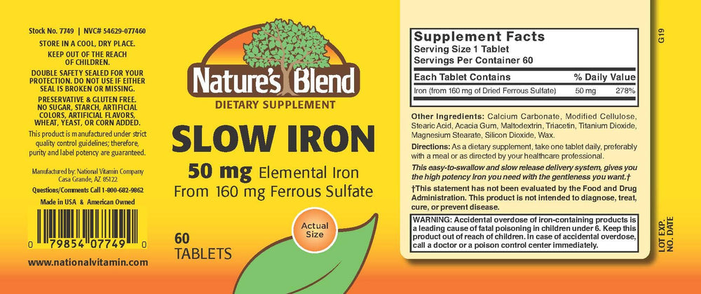 Nature's Blend Slow Iron label closeup—clear dosage and branding.