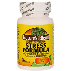 Close-up of the Nature's Blend Stress Formula label showing C, E and B-complex