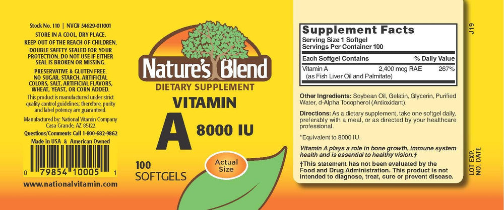 Nature's Blend Vitamin A 8000 IU label closeup showcases supplement details for retinal support