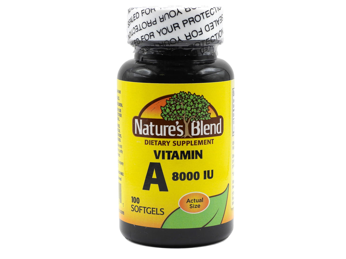 Nature's Blend Vitamin A 8000 IU softgel bottle for vision support