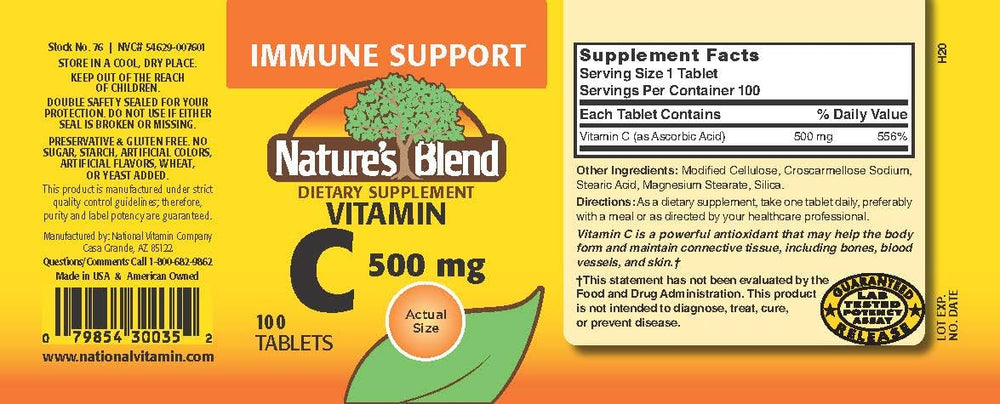 Nature's Blend Vitamin C tablets close-up showing daily immune support potential