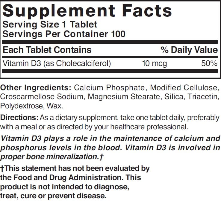 Nature's Blend Vitamin D 400 IU label with dosage guidance for daily intake