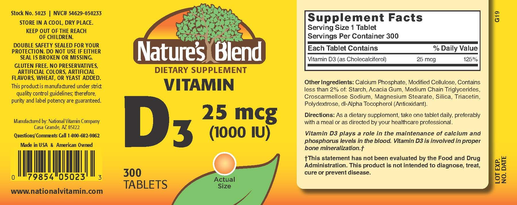 Nature's Blend Vitamin D3 label close-up, gluten-free and preservative-free formulation.