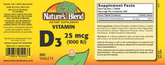 Nature's Blend Vitamin D3 label close-up, gluten-free and preservative-free formulation.