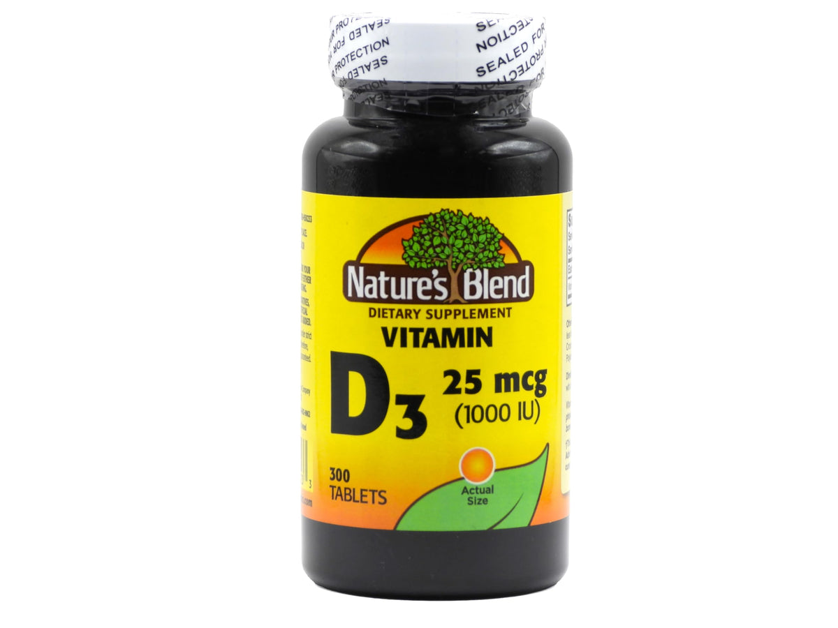Nature's Blend Vitamin D3 1000 IU tablets bottle for convenient daily supplementation.