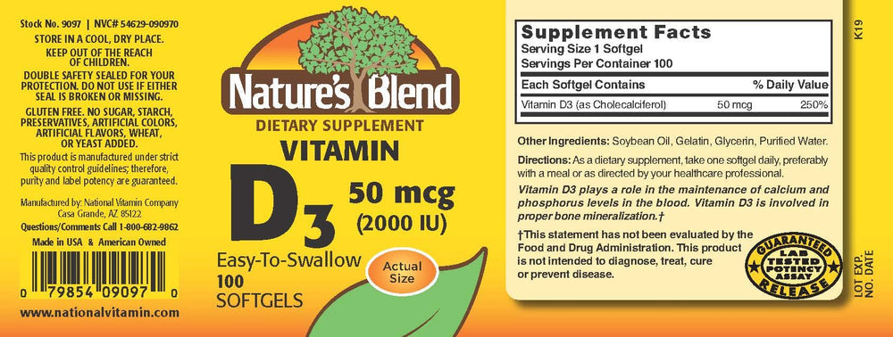 Close-up of Nature's Blend Vitamin D3 bottle label showing 2000 IU.