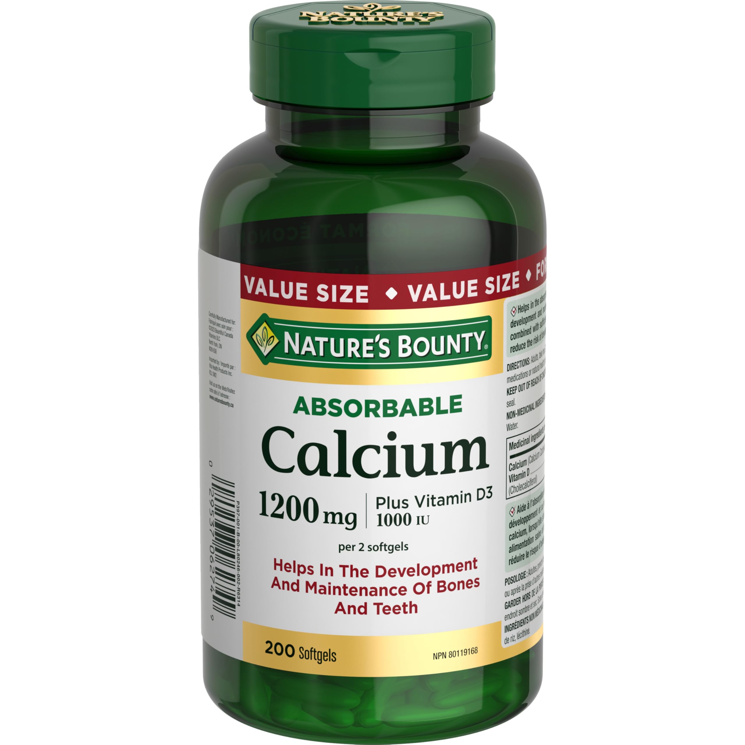 Nature's Bounty absorbable calcium D3 softgels bottle close-up for daily bone health support