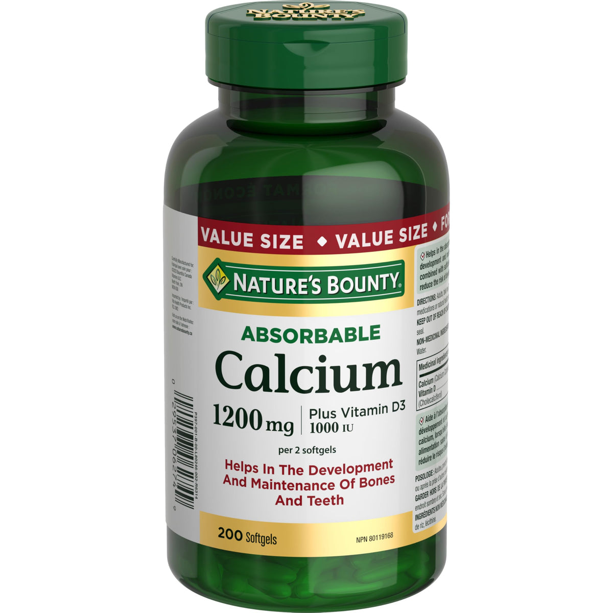 Nature's Bounty absorbable calcium D3 softgels bottle close-up for daily bone health support