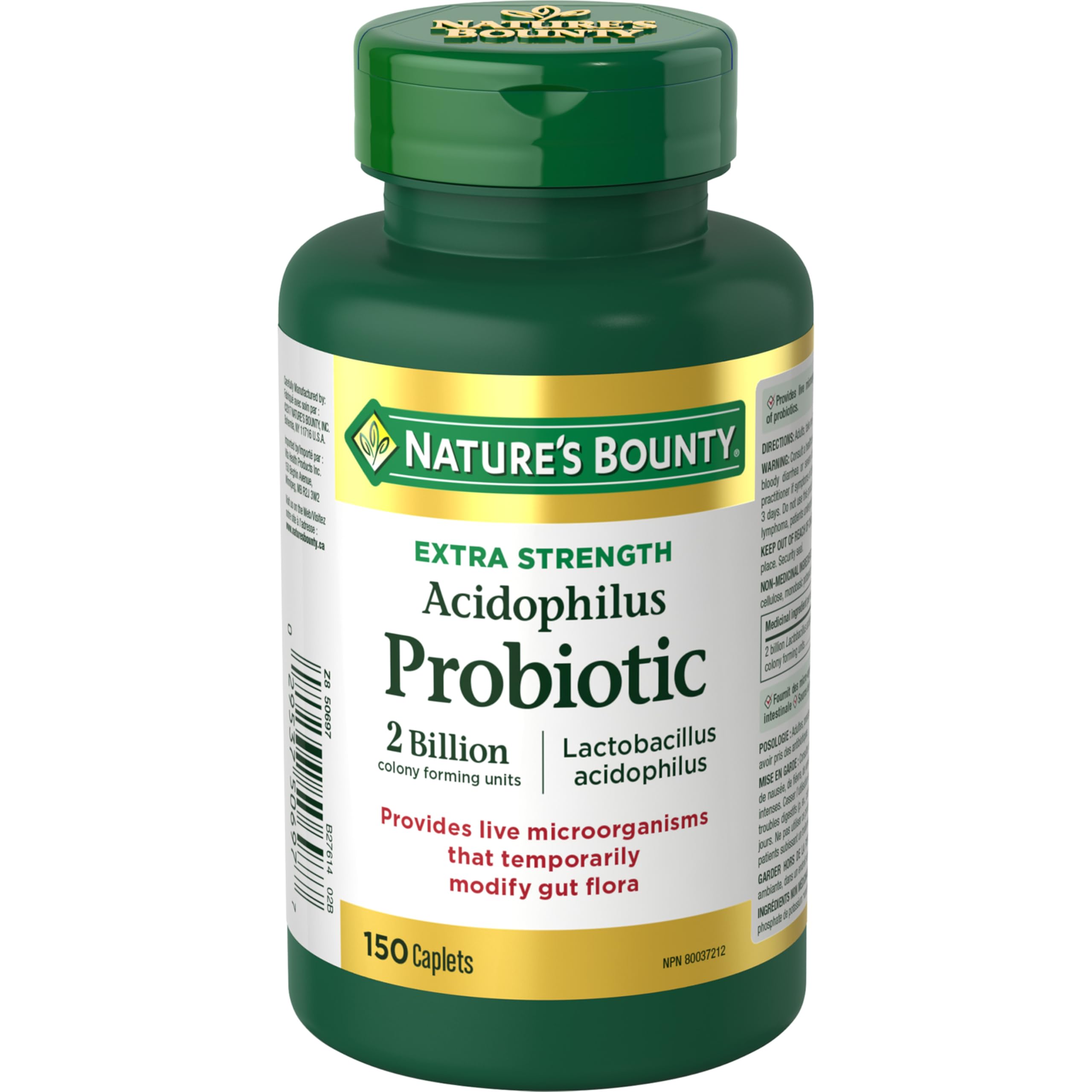 Nature's Bounty Acidophilus probiotic bottle label highlighting gut health benefits