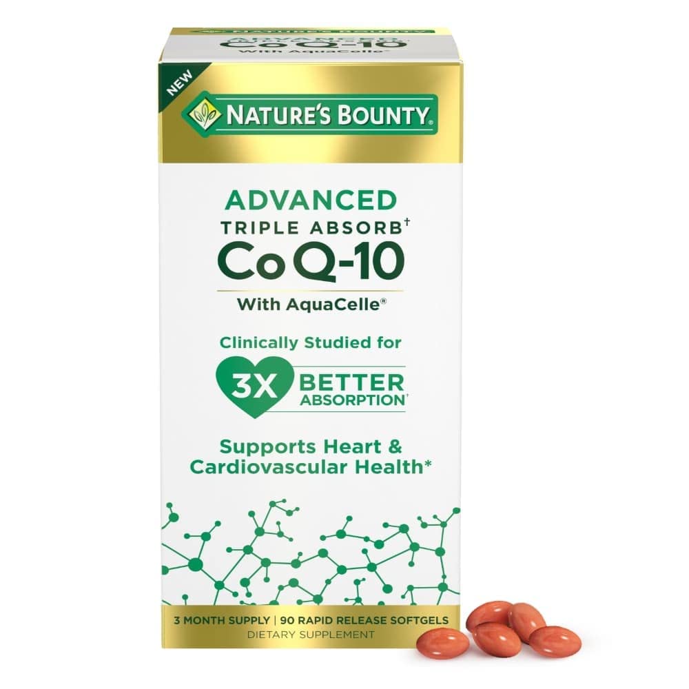 Nature's Bounty Advanced Triple Absorb Co Q-10 bottle with softgels for better absorption.