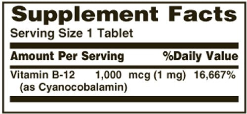 Nature's Bounty B-12 1000 mcg tablets packaging label shows 100 count