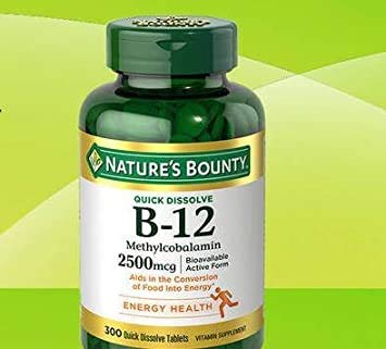 Nature's Bounty B-12 2500mcg bottle with sublingual tablets for daily use