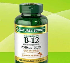 Nature's Bounty B-12 2500mcg bottle with sublingual tablets for daily use