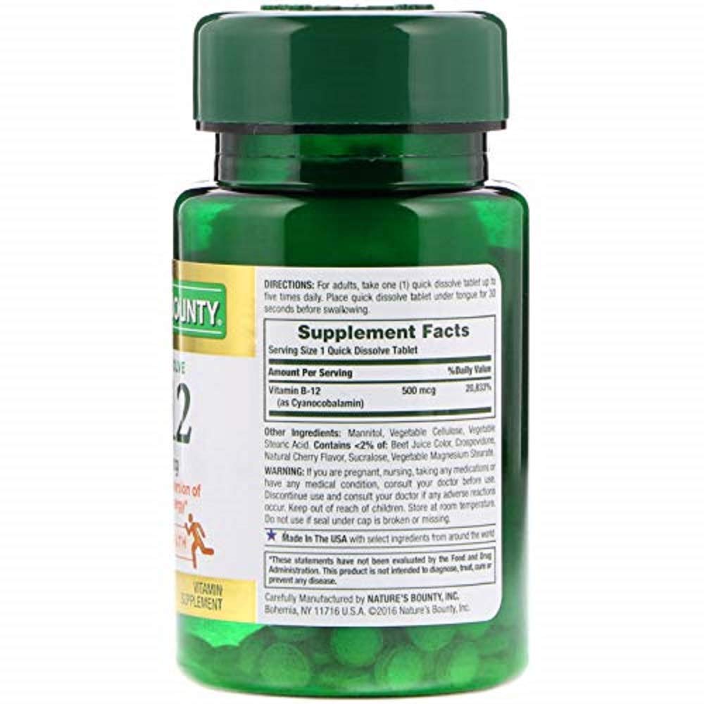 Nature's Bounty B-12 microlozenges under tongue for fast absorption and cherry flavor.