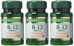 Nature's Bounty B-12 5000 mcg tablet close-up emphasizing potency