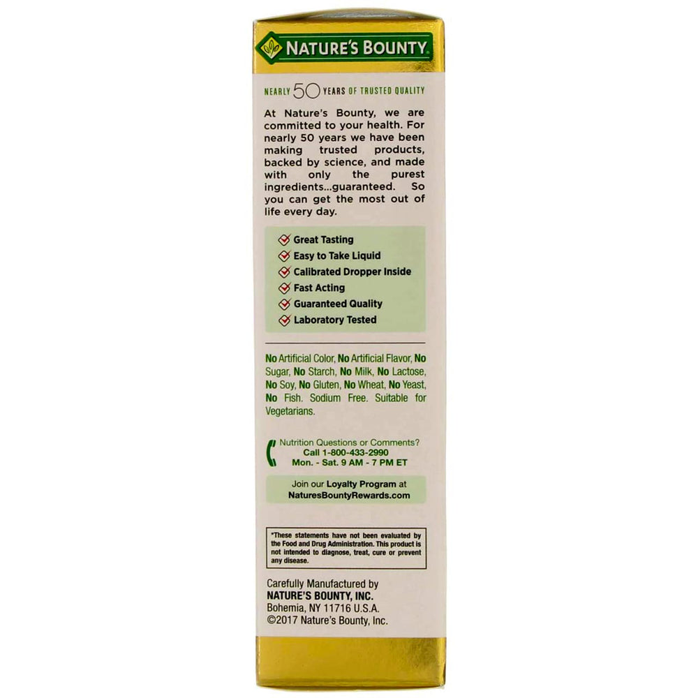 Nature's Bounty B-12 sublingual liquid dropper shows berry flavor for quick energy support.