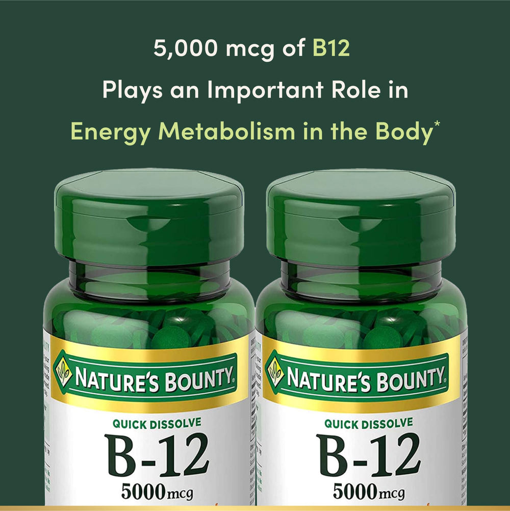 Nature's Bounty B12 5000 mcg cherry-flavored tablet close-up.