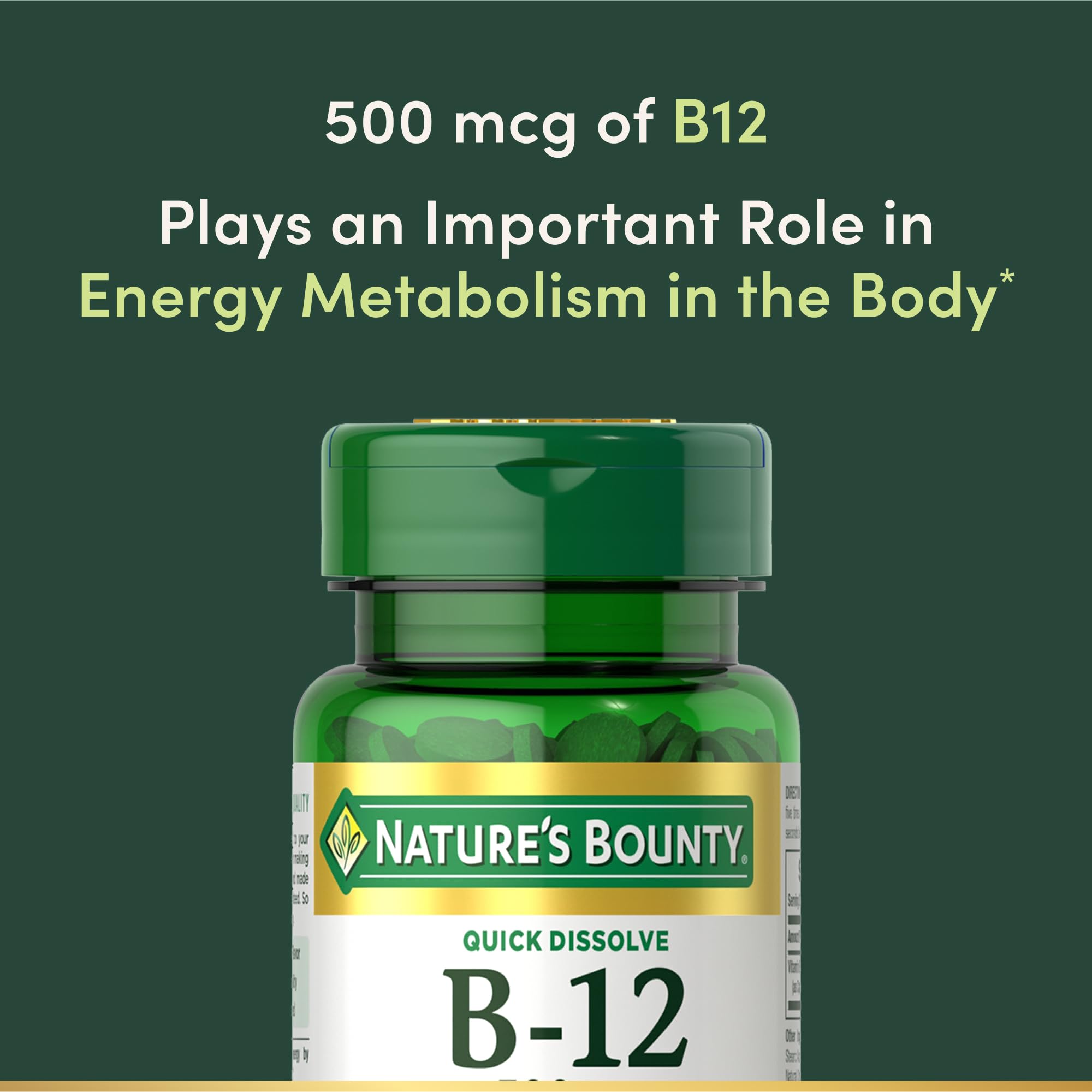 Nature's B12 500 mcg tablet label indicating potency and energy support.