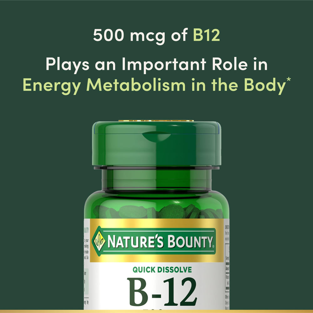 Nature's B12 500 mcg tablet label indicating potency and energy support.