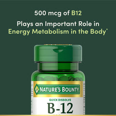 Nature's B12 500 mcg tablet label indicating potency and energy support.