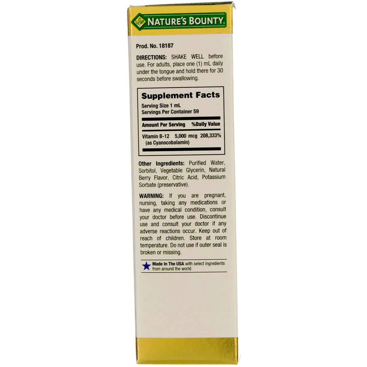 Nature's Bounty B-12 berry-flavored liquid bottle close-up highlighting no artificial colors.