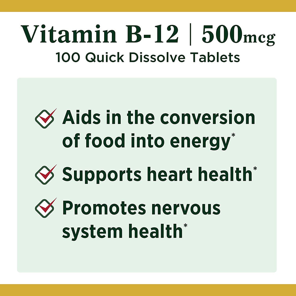 Nature's Bounty B12 bottle label with nutrition panel highlighting energy metabolism.