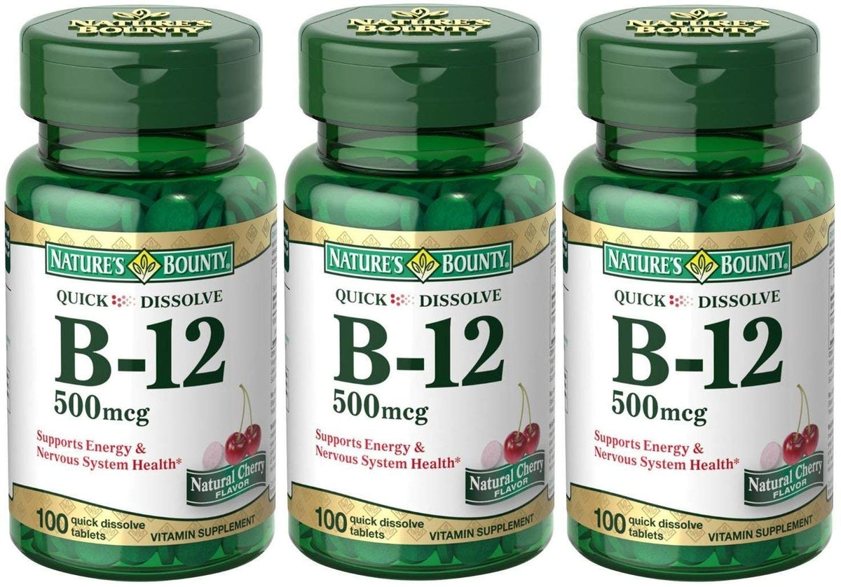 Nature's Bounty B-12 quick dissolve cherry tablet bottle shows ease of use and flavor.