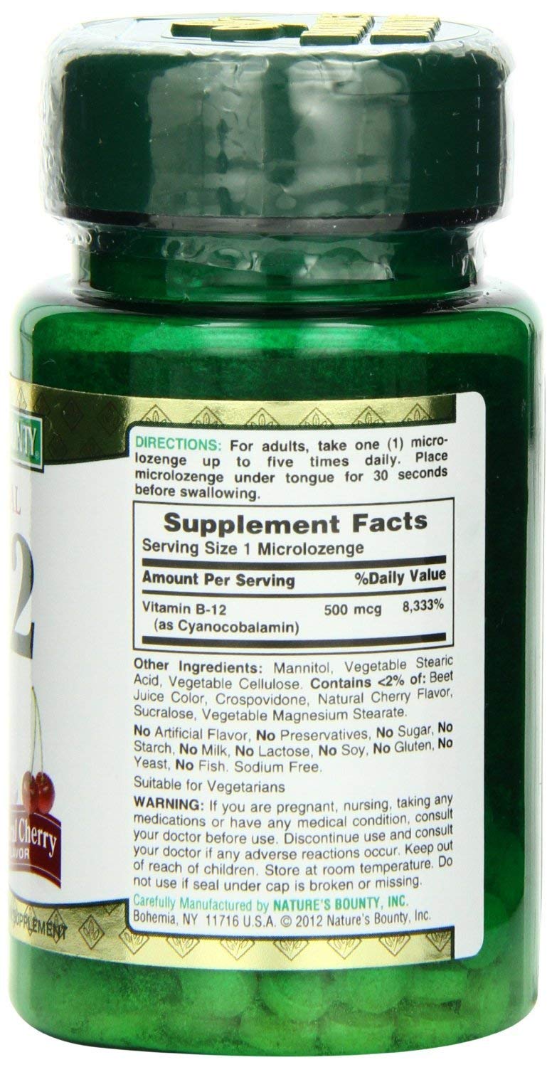 Close-up of Nature's B-12 quick dissolve tablets highlighting cherry flavor for daily use.