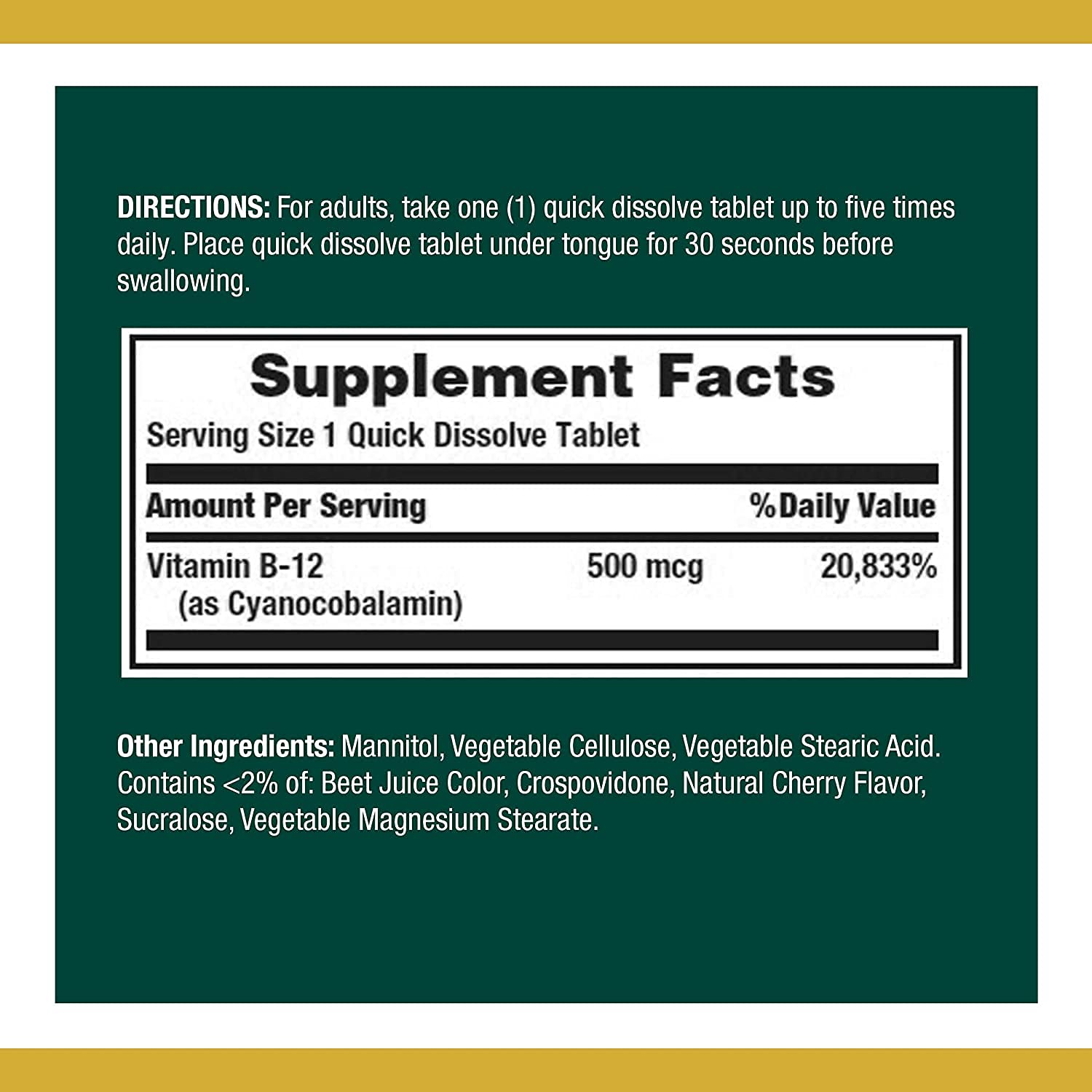 Nature's Bounty B12 quick-dissolve under tongue showing tablet dissolving for fast absorption.