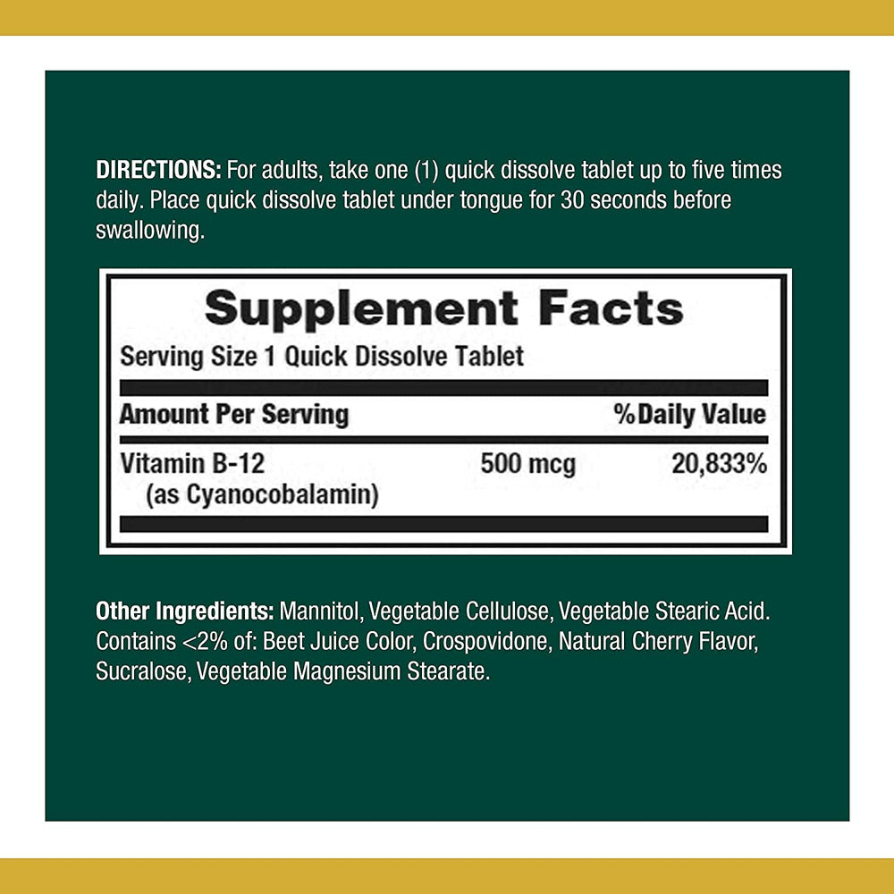 Nature's Bounty B12 quick-dissolve under tongue showing tablet dissolving for fast absorption.
