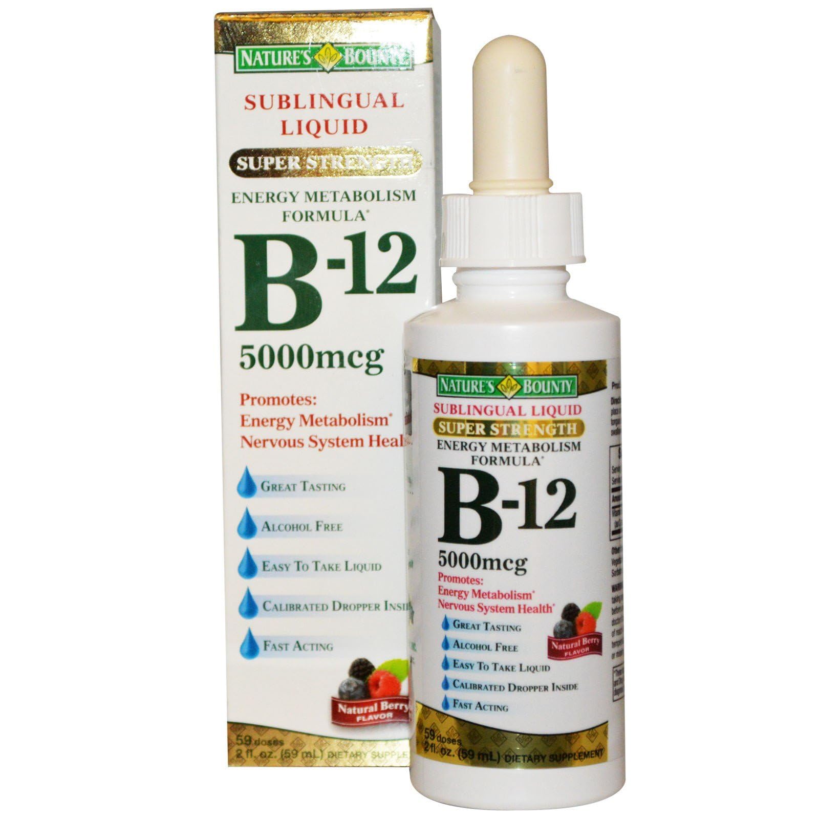 Nature's Bounty B12 sublingual liquid bottle with dropper for quick energy support