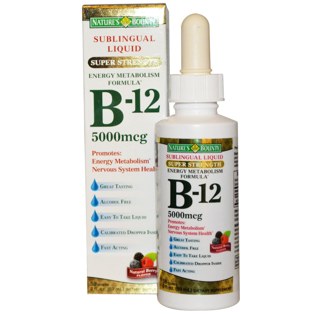 Nature's Bounty B12 sublingual liquid bottle with dropper for quick energy support