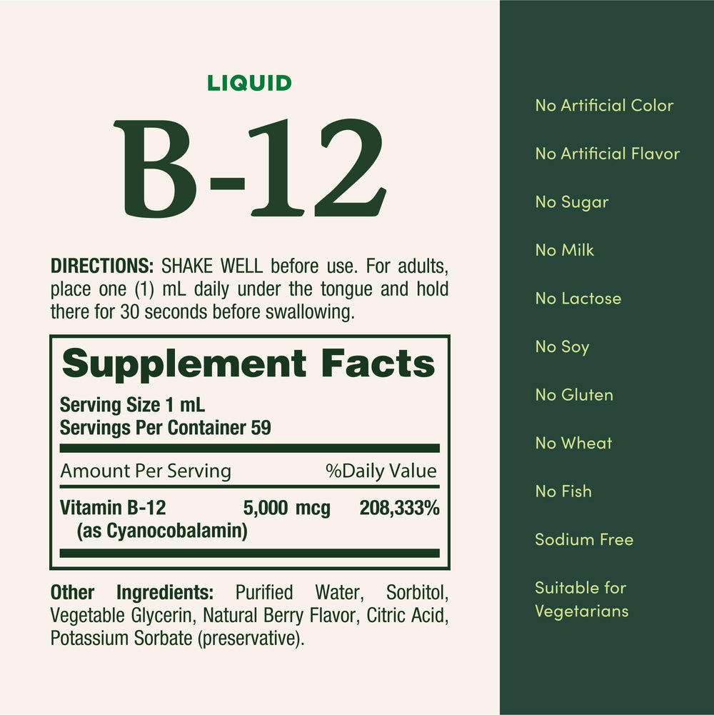 Nature's Bounty B12 gluten-free liquid suitable for restrained diets
