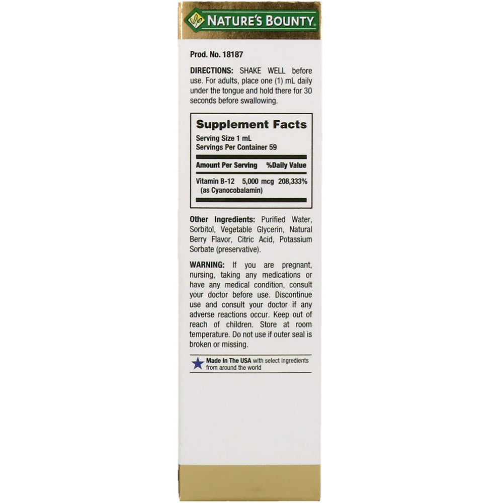 Close-up of Nature's Bounty B-12 tablets, high potency 5000 mcg for daily energy