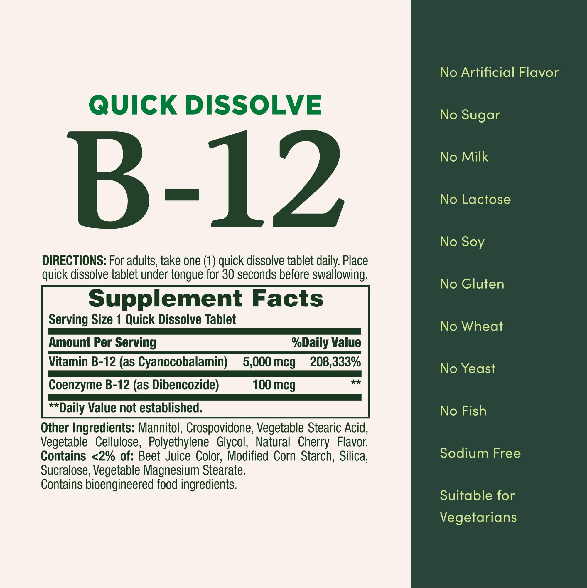 Nature's Bounty B12 vegetarian, gluten-free, sugar-free formula bottle.