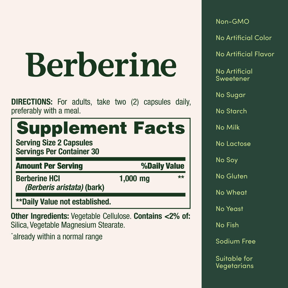 Nature's Bounty Berberine 1000mg capsules packaging for a 60-count supply