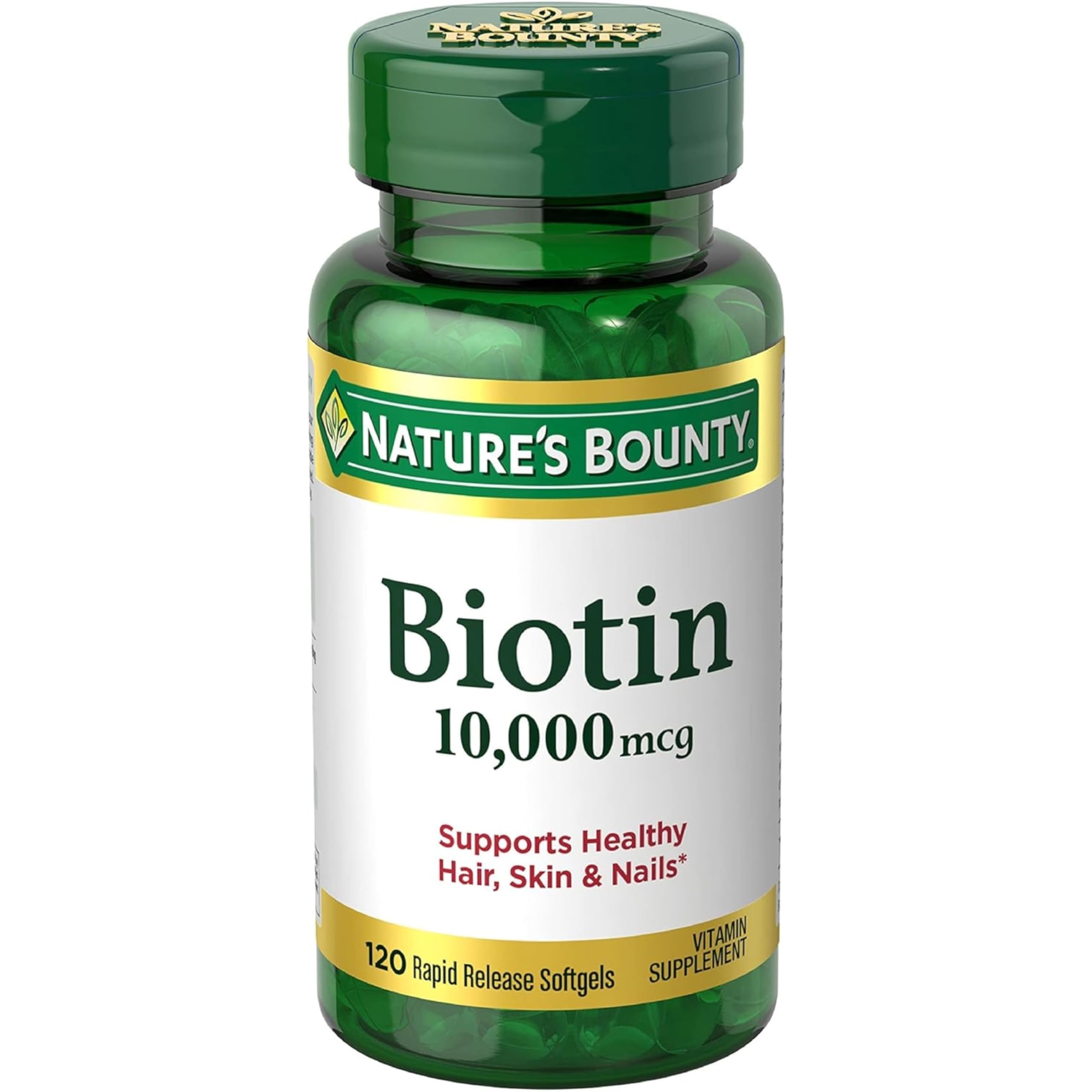 Nature's Bounty Biotin 10000 mcg bottle front view supports daily hair, skin, and nails health.