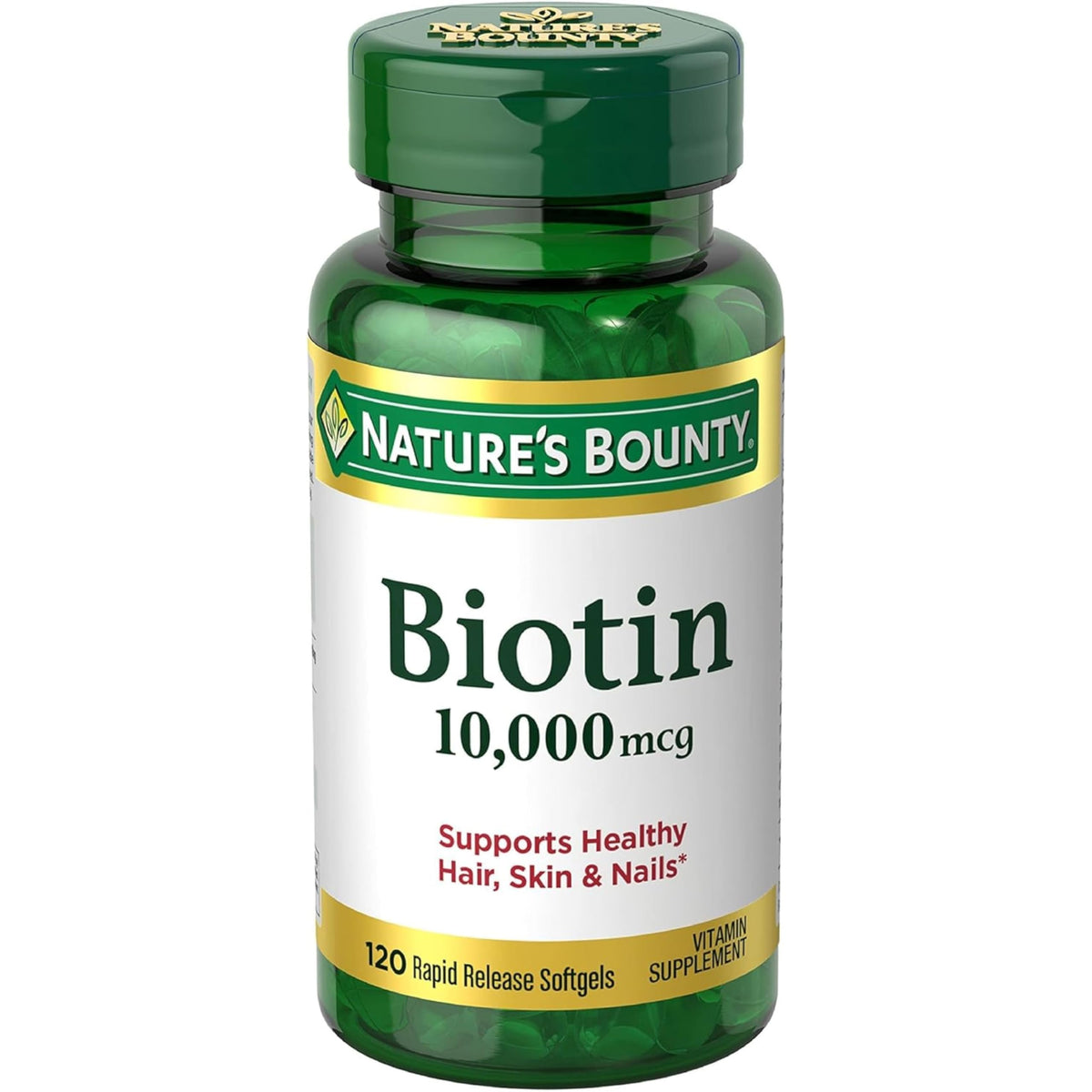 Nature's Bounty Biotin 10000 mcg bottle front view supports daily hair, skin, and nails health.