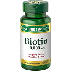Nature's Bounty Biotin 10000 mcg bottle front view supports daily hair, skin, and nails health.