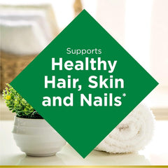Nature's Bounty Biotin 10000 mcg softgel capsules closeup highlights easy absorption.