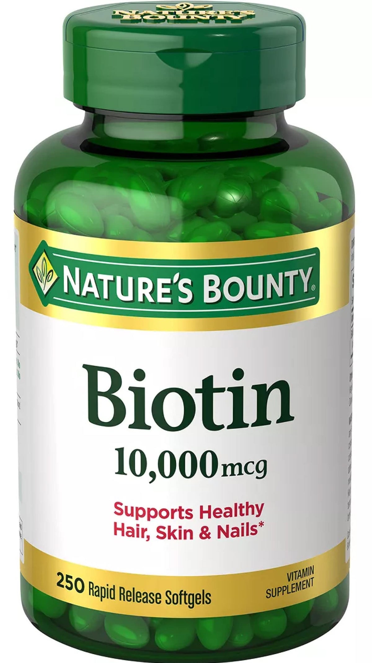 Nature's Bounty Biotin 10,000 mcg softgels bottle supports healthy hair, skin and nails.