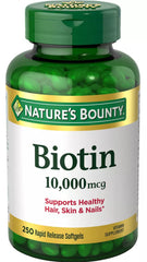 Nature's Bounty Biotin 10,000 mcg softgels bottle supports healthy hair, skin and nails.