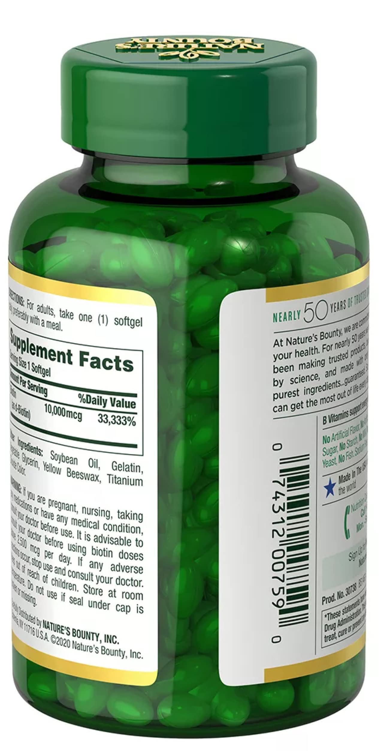 Nature's Bounty Biotin 10,000 mcg softgels packaging shows gluten-free formula.