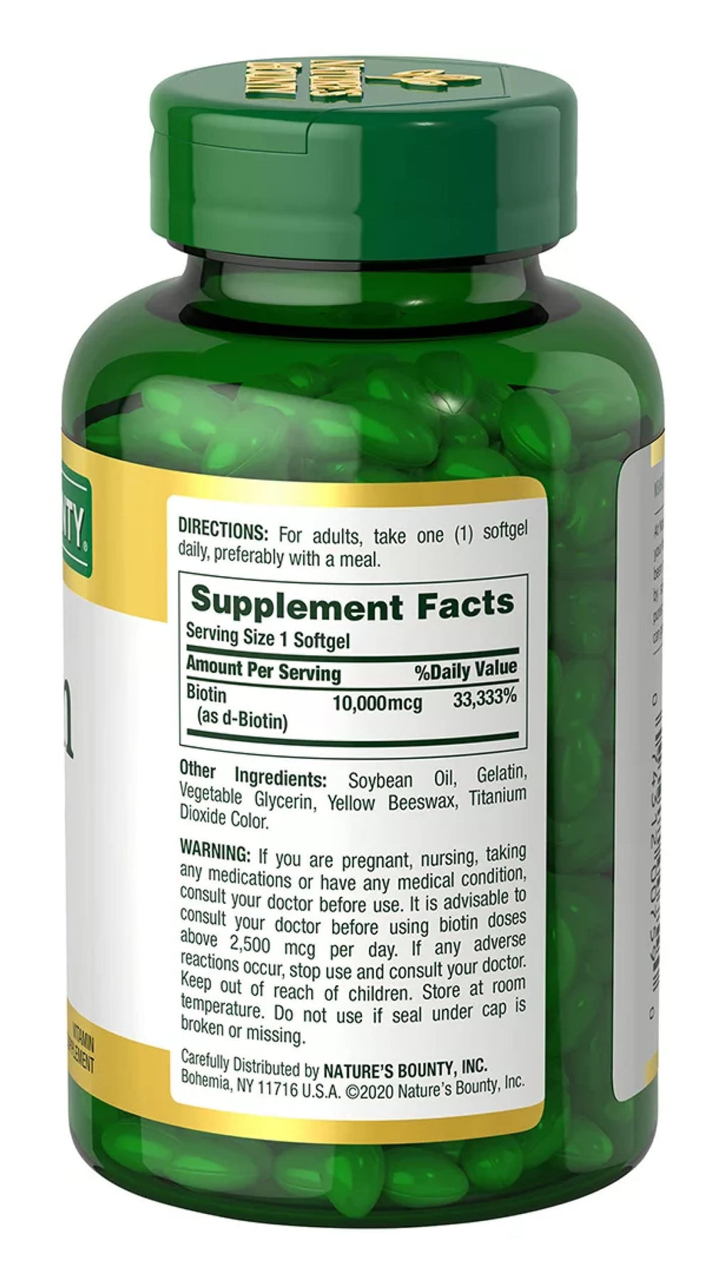 Nature's Bounty Biotin 10,000 mcg softgels pour for easy daily intake.