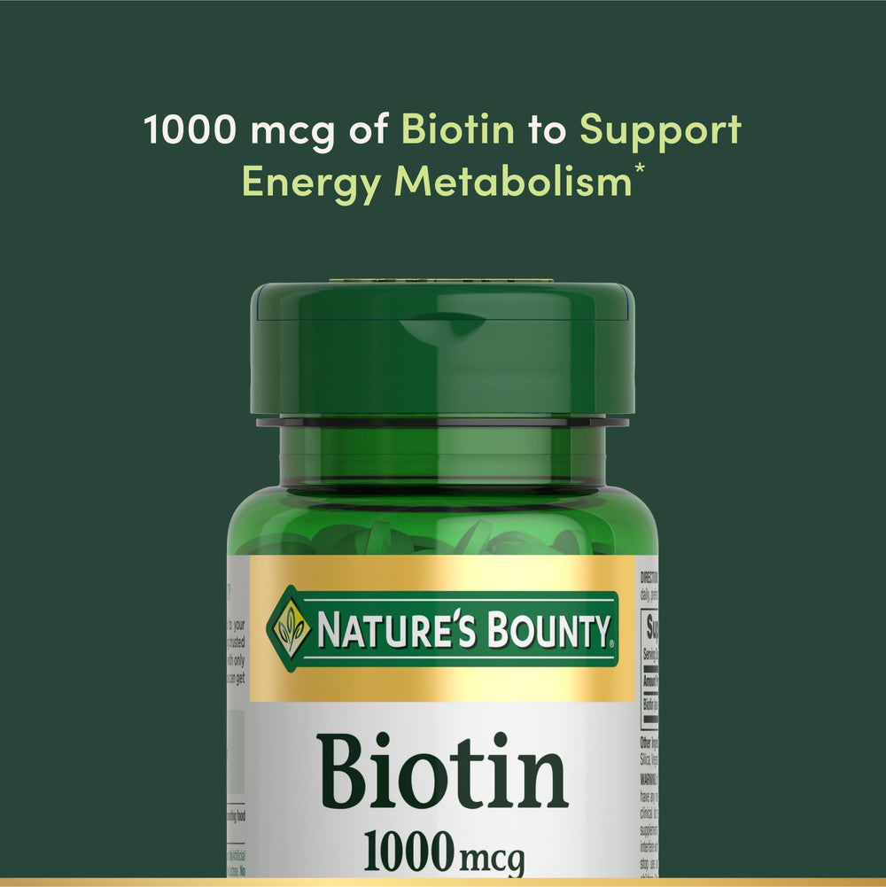 Nature's Bounty Biotin 1000 mcg bottle label highlighting dosage and branding